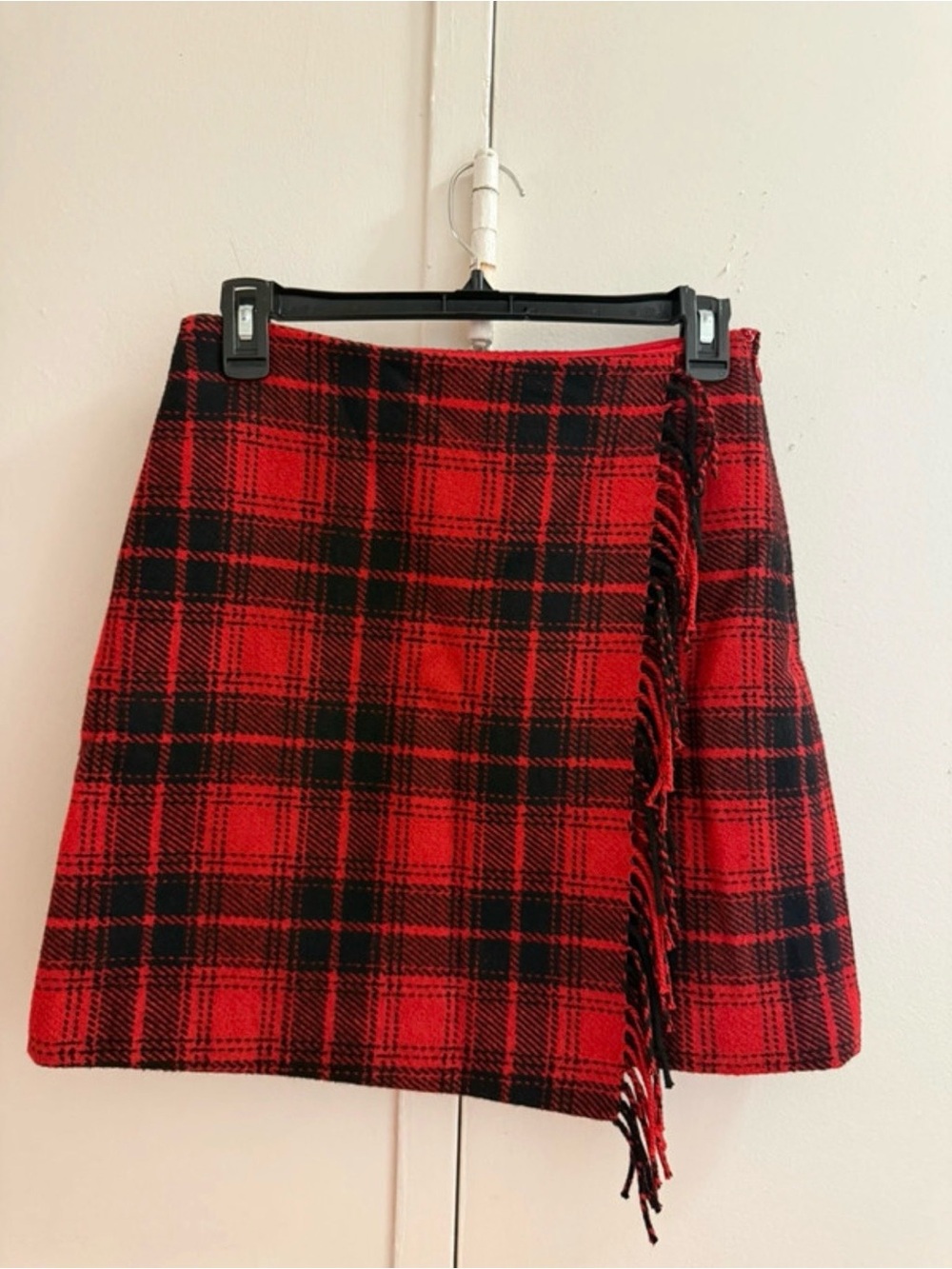 LOFT Red and Black Plaid Fringe Mini Wrap Skirt